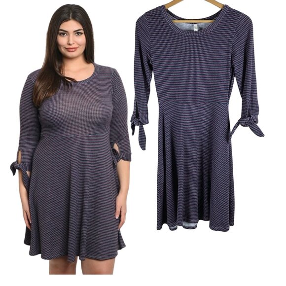 GILLI Blue/Red Houndstooth Tie Sleeve Knit Mini Dress SMALL - Picture 2 of 7